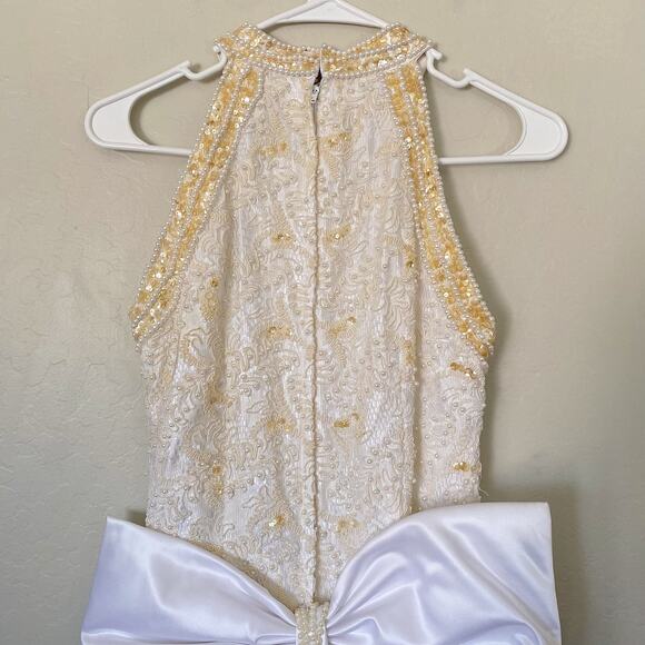 Vintage 90s Pearl Beaded Wedding Gown Size 12 Back Bow Old Money Bridal Dress - Picture 6 of 9